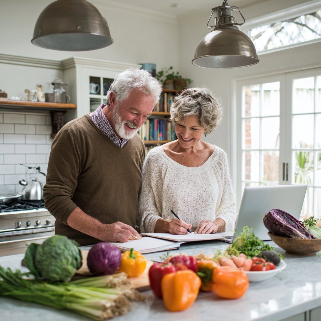 Mature adults planning healthy meals together in bright kitchen