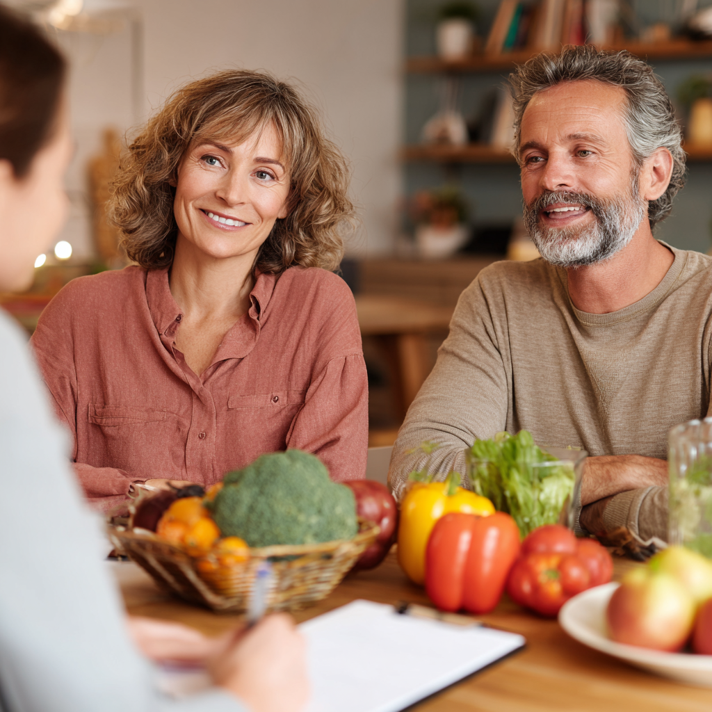 Professional nutritionist consulting with middle-aged clients about healthy eating habits